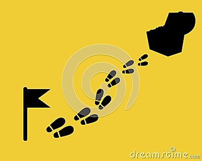 The way to the treasure. Footstep with flag and chest. Flat design map Vector Illustration