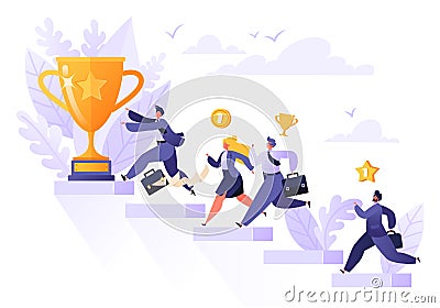 Road to success. Group of different running businessmen to achieve results, goals and enrichment. Business competition concept. Vector Illustration