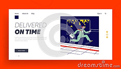 Way to Work or Home in Big City Website Landing Page. Businessman Run at Subway Train Platform Hurry to Metro Van Vector Illustration