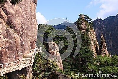 Stone Steep Steps . Trekking walking hiking Huangshan Mountain. Stock Photo