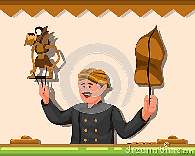 Wayang is traditional leather puppet show from Javanese indonesia concept in cartoon illustration vector Vector Illustration