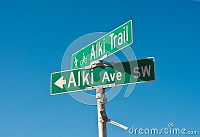 Waymark on Alki Beach of Seattle Stock Photo