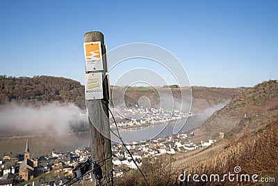 Waymark of Moselsteig close to Thurant castle, Germany Editorial Stock Photo