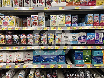 Walmart supercenter store liquid and dry drink packs section and prices Editorial Stock Photo