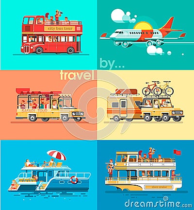 Ways of traveling. Trip to world by different vehicles. Travel by car, by plane, by boat, on the SUV. Vector Illustration