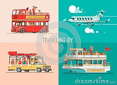 Ways of traveling. Trip to world by different vehicles. Travel by car, by plane, by boat, on the SUV. Vector Illustration