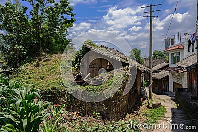 Wayside deserted tile-roofed house covered with creepers in sunny sunmmer afternoon Stock Photo