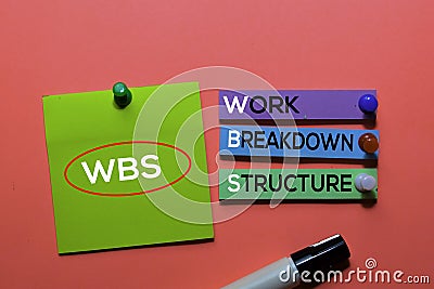 WBS. Work Breakdown Structure acronym on sticky notes. Office desk background Stock Photo