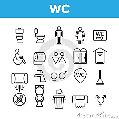 WC, Public Bathroom, Toilet Vector Linear Icons Set Vector Illustration