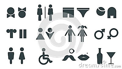 Wc symbols for man and woman, disabled person toilet icon. Male and female pictogram bathroom sign design with lips and Vector Illustration