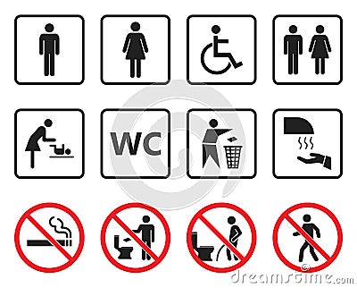 Wc toilet sign set, restroom icons and prohibited symbols Vector Illustration