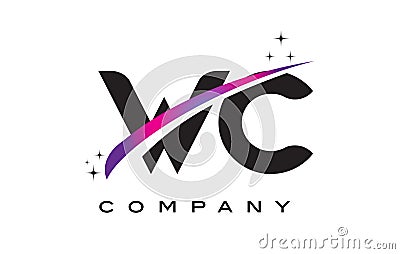 WC W C Black Letter Logo Design with Purple Magenta Swoosh Vector Illustration