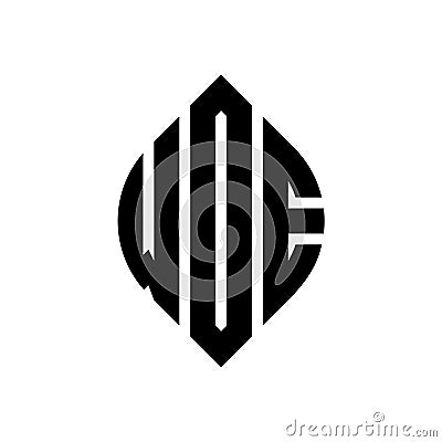 WDE circle letter logo design with circle and ellipse shape. WDE ellipse letters with typographic style. The three initials form a Vector Illustration