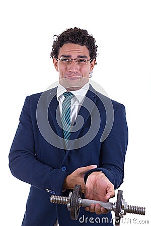 Weak man lifting a weight Stock Photo