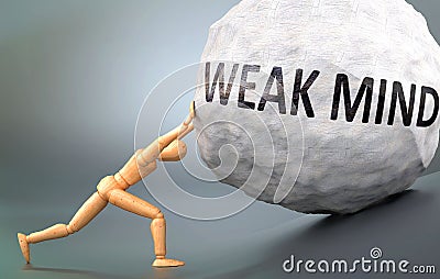 Weak mind and painful human condition, pictured as a wooden human figure pushing heavy weight to show how hard it can be to deal Cartoon Illustration