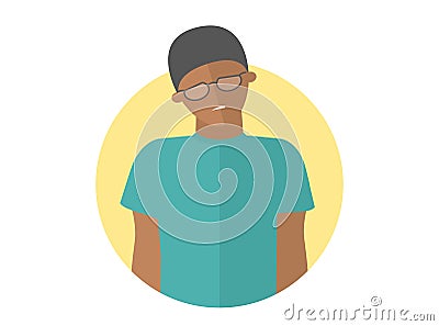 Weak, sad, depressed black boy in glasses. Flat design icon. Handsome man with feeble depression emotion. Simply editable Vector Illustration