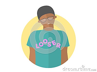 Weak, sad, depressed black boy in glasses. Flat design icon of man with looser lettering. Handsome african man with feeble depress Vector Illustration