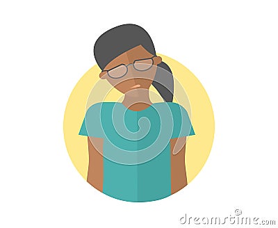 Weak, sad, depressed black girl in glasses. Flat design icon. Pretty woman with feeble depression emotion. Simply editable isolate Vector Illustration