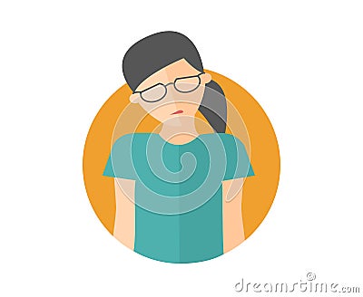 Weak, sad, depressed pretty girl in glasses. Flat design icon. Woman with feeble depression emotion. Simply editable isolated on w Vector Illustration