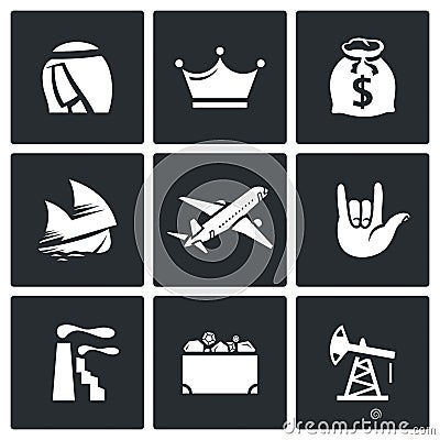 The wealth of Arab sheikhs icons set. Vector Illustration. Stock Photo