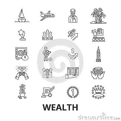 Wealth, banking, money, rich, luxury, success, prosperity, investment line icons. Editable strokes. Flat design vector Vector Illustration