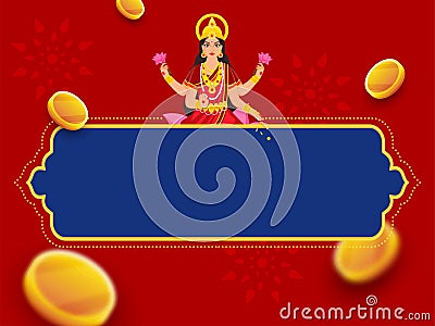 Wealth Goddess Lakshmi Character With Flying Golden Coins And Copy Space On Blue And Red Background For Hinduism Festival Stock Photo