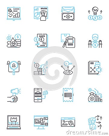 Wealth growth linear icons set. Invest, Prosper, Growth, Abundance, Riches, Flourishing, Fortune line vector and concept Vector Illustration