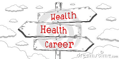 Wealth, health, career - outline signpost with three arrows Stock Photo