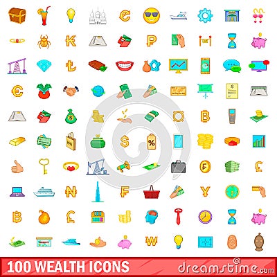 100 wealth icons set, cartoon style Vector Illustration