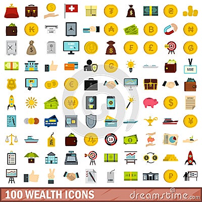 100 wealth icons set, flat style Vector Illustration