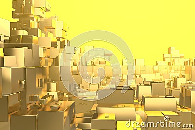 Wealth rich concept idea Golden city at sunset rays Abstract space background.3D illustration rendering Cartoon Illustration