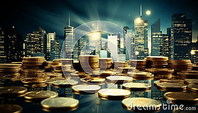 Wealth in the Skyline: Golden Coins Amidst City Towers, concept of wealth accumulation, real estate goals Stock Photo