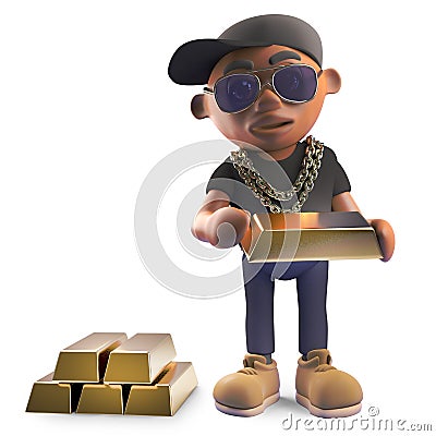 Wealthy black hiphop rapper in baseball cap counting his gold bars of bullion, 3d illustration Cartoon Illustration