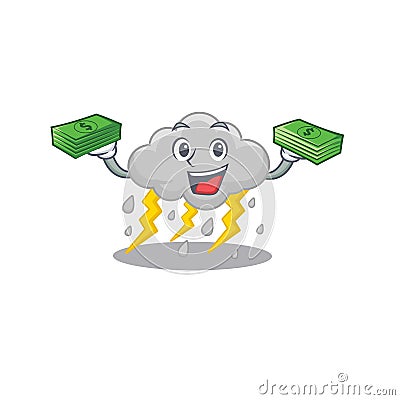 A wealthy cloud stormy cartoon character having money on hands Vector Illustration