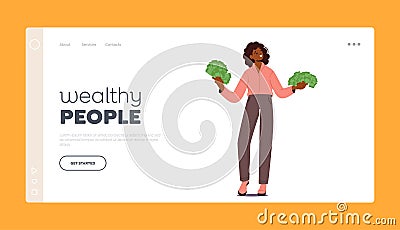 Wealthy People Landing Page Template. Rich Millionaire Female Character Holding Dollars Fans. Black Happy Business Woman Vector Illustration