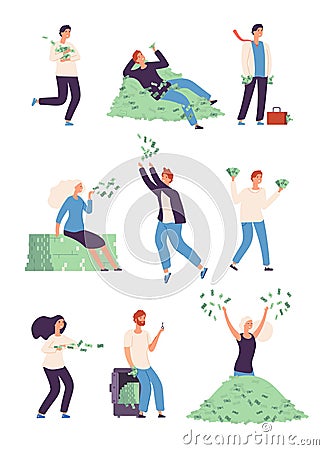 Wealthy people. Rich happy persons with money dollars gold coins, lucky rich man and woman millionaire vector isolated Vector Illustration