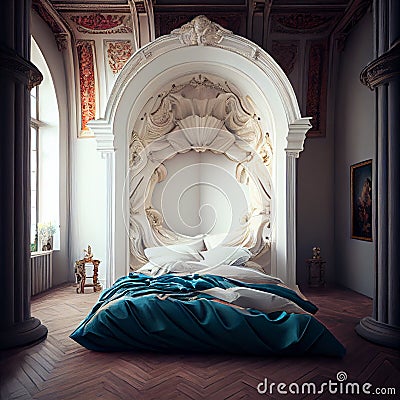 Wealthy rich room. Glamorous, elegant baroque dream bedroom design interior. Turquoise, blue colour, no people. white Stock Photo