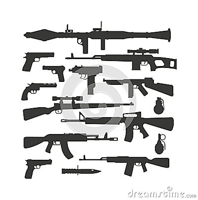 Weapon collection different military automatic gun shot machines silhouette police bullet vector. Vector Illustration