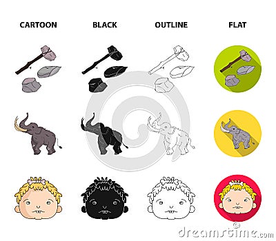 Weapon, hammer, elephant, mammoth .Stone age set collection icons in cartoon,black,outline,flat style vector symbol Vector Illustration