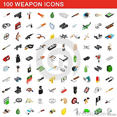 100 weapon icons set, isometric 3d style Vector Illustration