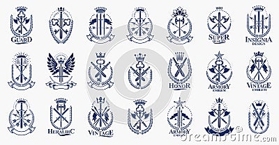 Weapon logos big vector set, vintage heraldic military emblems collection, classic style heraldry design elements, ancient knives Vector Illustration