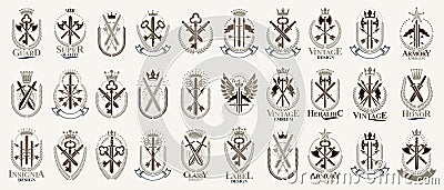 Weapon logos big vector set, vintage heraldic military emblems collection, classic style heraldry design elements, ancient knives Vector Illustration