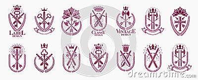 Weapon logos big vector set, vintage heraldic military emblems collection, classic style heraldry design elements, ancient knives Vector Illustration