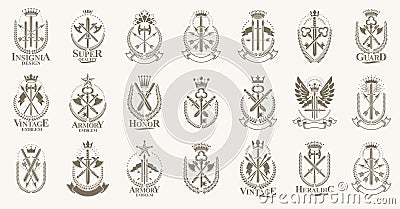 Weapon logos big vector set, vintage heraldic military emblems collection, classic style heraldry design elements, ancient knives Vector Illustration