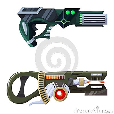 Weapon vector space gun blaster laser gun with futuristic handgun and fantastic raygun of aliens in space illustration Vector Illustration