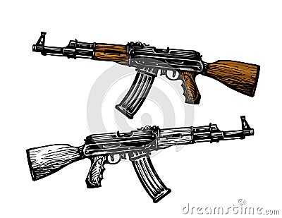 Weaponry, armament symbol. Automatic machine AK 47. Kalashnikov assault rifle, sketch. Vector illustration Vector Illustration