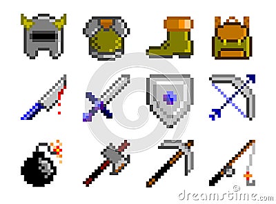 Weapons, armor and tools pixel art set. Game assets vector illustration, editable Vector Illustration