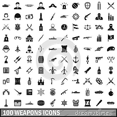 100 weapons icons set, simple style Vector Illustration