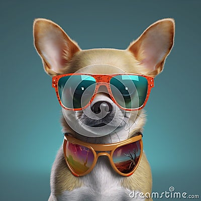 pet dog young cute glasses chihuahua portrait puppy yellow background animal. Generative AI. Stock Photo