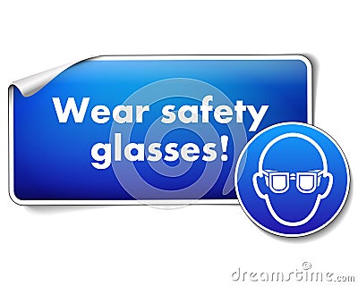 Wear safety glasses sign sticker with mandatory sign isolated on white background Vector Illustration